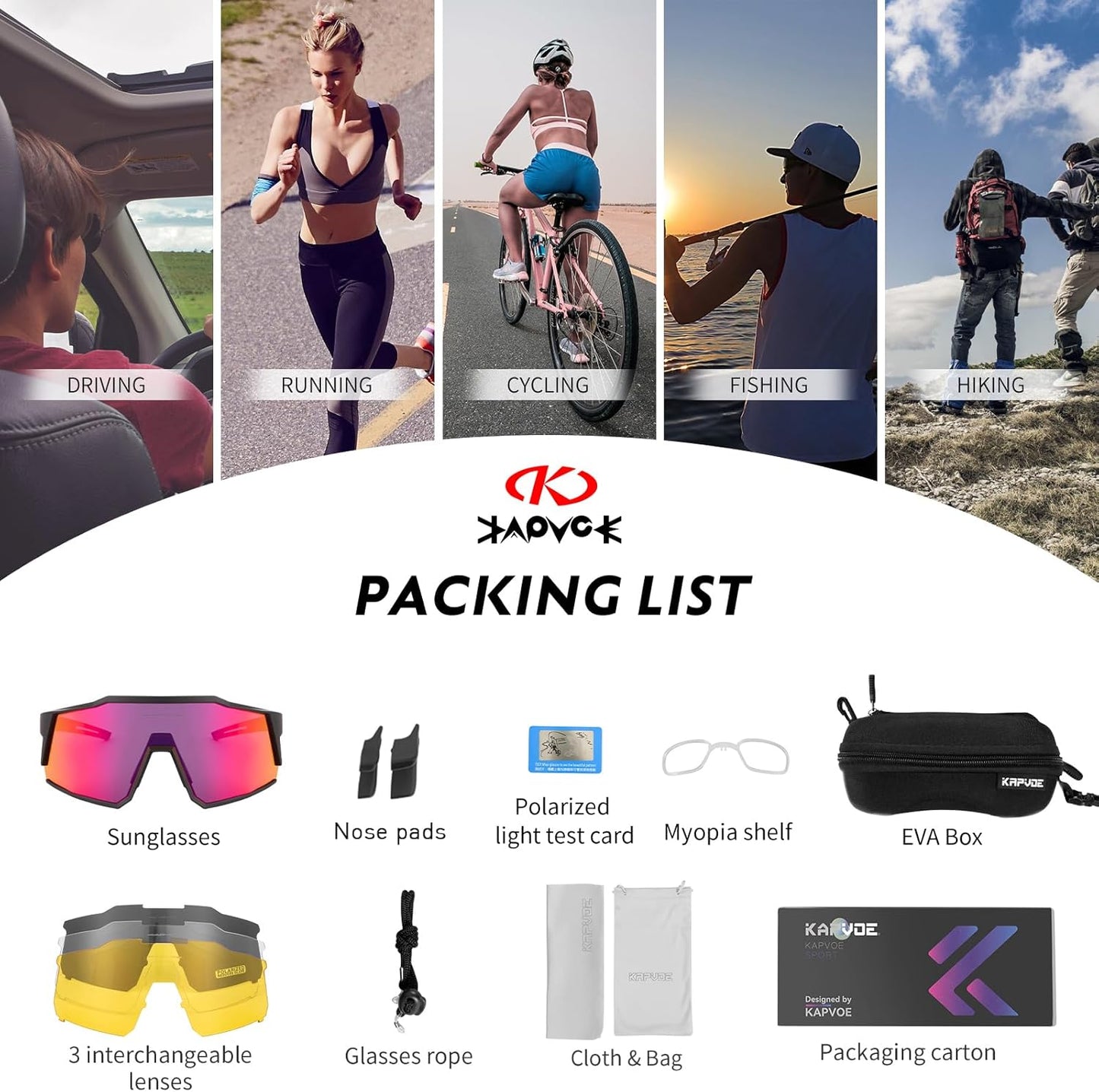 KAPVOE Gafas De Ciclismo Polarizadas Con 1 Lente O 4 Lentes Intercambiables TR90 Gafas De Sol Deportivas Mujeres Hombres K9022